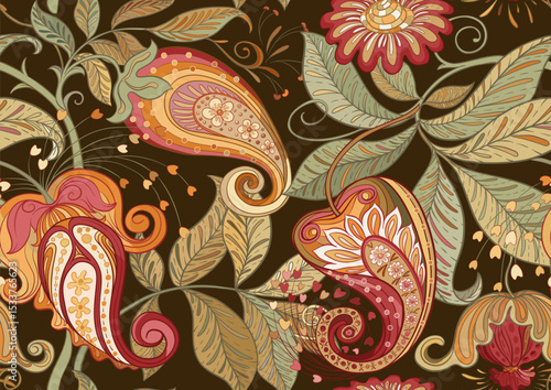 Wallpaper Mural Fantasy flowers in retro, vintage, jacobean embroidery style. Seamless pattern, background. Vector illustration. Torontodigital.ca