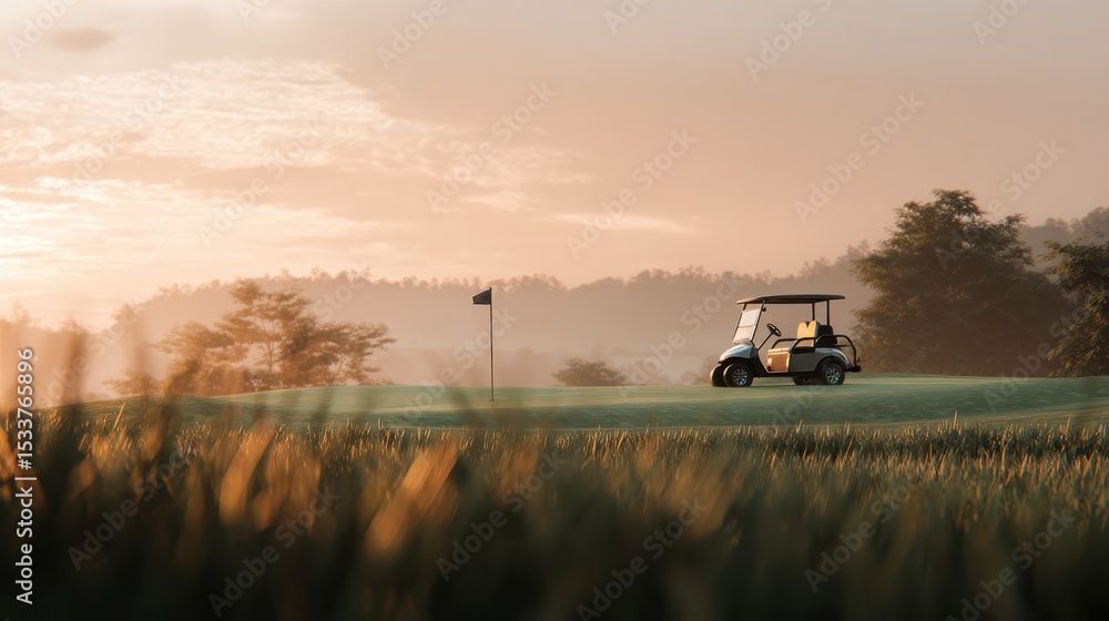 Naklejka premium Parked golf cart resting on verdant fairway, golden sunrise casting warm light across manicured landscape, evoking tranquil morning golfing ambiance