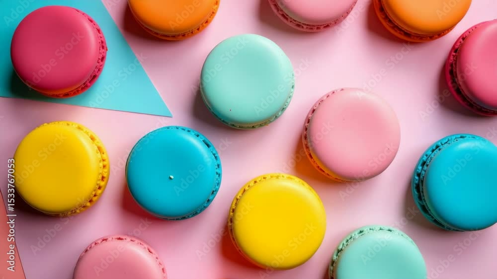 Colorful macarons are arranged on a pastel background creating a vibrant, cheerful pattern. Colorful macarons are arranged on a pastel background creating a vibrant, cheerful pattern.