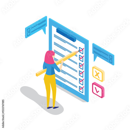 Isometric entrepreneurs with checklists and task lists. Smart mobile boards with checklists. Project management, planning and keeping scores of completed task concepts