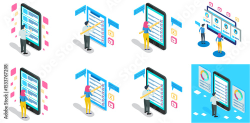Isometric entrepreneurs with checklists and task lists. Smart mobile boards with checklists. suitable for digital asset