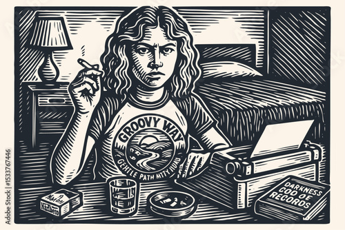 Retro linocut vector art: A focused young woman in a  t-shirt smokes and types at a vintage typewriter in her room. 