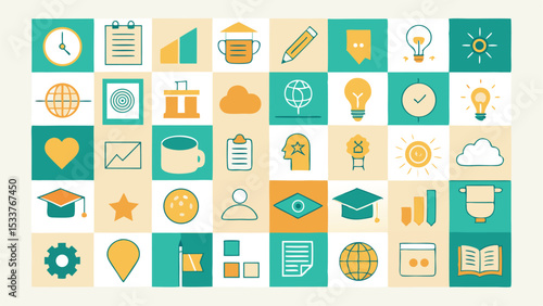 Collection of various simple icons representing education business and daily life concepts