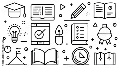 Education and learning icons collection in simple black and white outline style