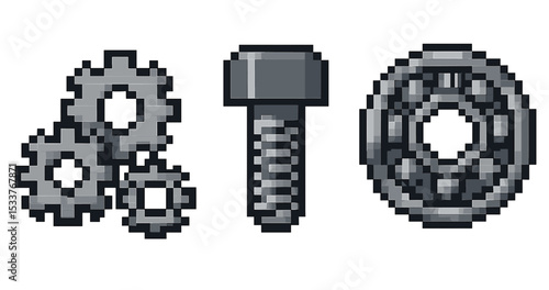 Pixel art mechanics: gears, screw, and bearing in monochrome