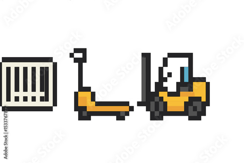 Pixel art forklift and pallet in yellow and black with gray background