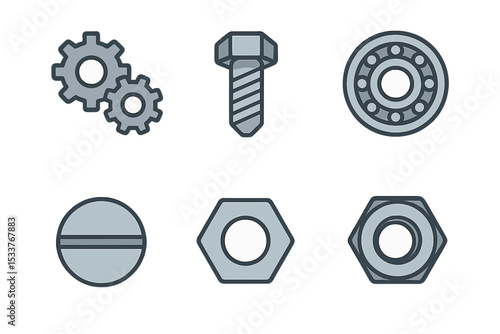 Industrial metal parts set: gears, bolt, bearings, screws, nuts on metallic background