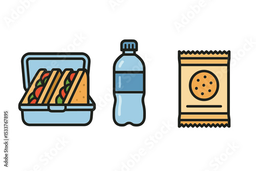 Lunch box with sandwich, water bottle, and snack bag on green background