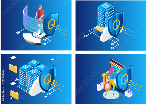 Complete set Isometric Protection network security and safe your data concept. Web page design templates Cybersecurity. Digital crime by an anonymous hacker. Vector illustration