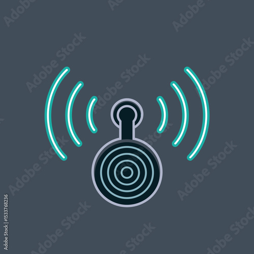 Antenna with wireless signals in flat vector with dark background, dark mode UI style