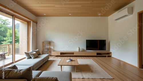 A simple and relaxing living room that combines modern Japanese style with minimalist tones and natural sunlight.