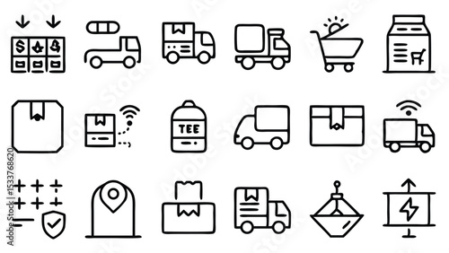 Set of delivery and logistics icon illustrations depicting transportation and package concepts