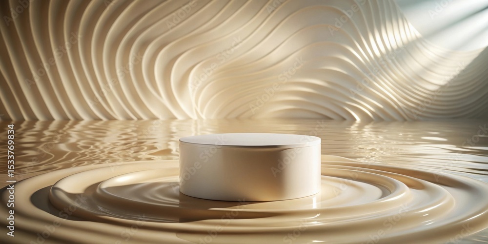 Fototapeta premium Elegant Cream-Colored Cylindrical Display Platform on a Liquid Surface with a Wavy Background