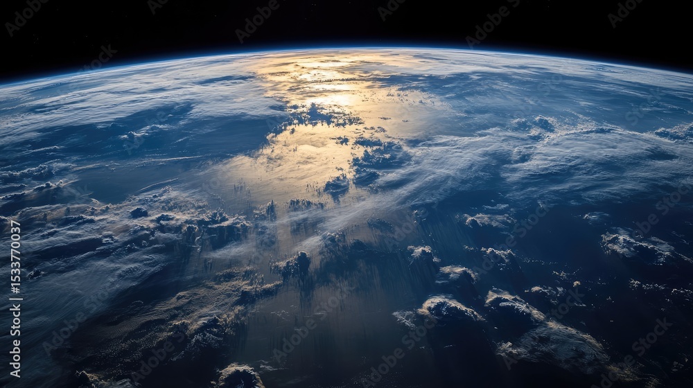 Fototapeta premium View of Earth from space showing clouds over ocean and landmass. Curved horizon under sunlight with visible atmosphere and space in background. Generative AI