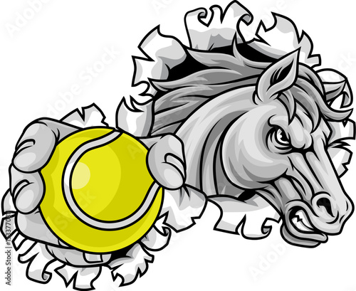 Horse mustang bronco stallion angry tennis sports team mascot holding a ball.