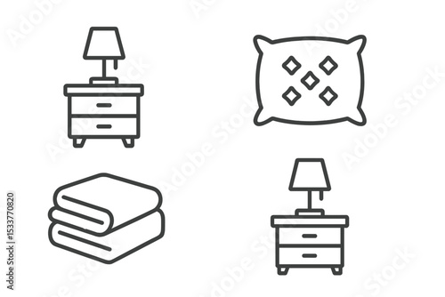 Outline icons of lamp, pillow, blanket, and nightstand on dark background