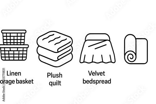 Minimalist icons of linen basket, plush quilt, velvet bedspread, and rolled towel