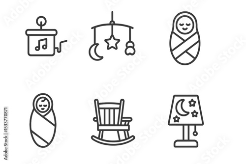 Baby icons set: mobile, swaddled infant, rocking chair, lamp with moon and stars
