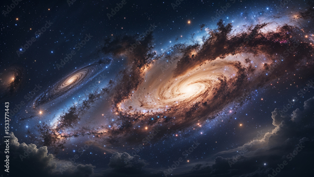 Fototapeta premium Majestic spiral galaxies floating amidst a starry universe and dark cosmic clouds