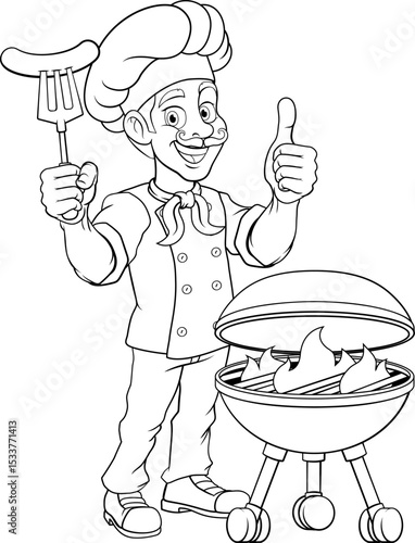 A chef cartoon barbecue cook out brazier cook man. Giving a thumbs up and holding a hotdog or grilled sausage on a BBQ fork mascot character illustration.
