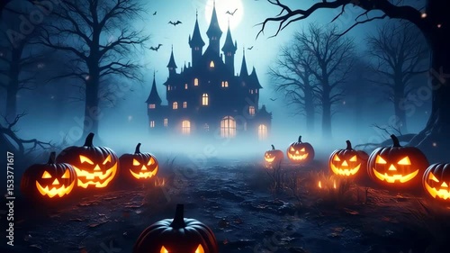 3D halloween forest path with glowing pumpkins and purple mist. Halloween background