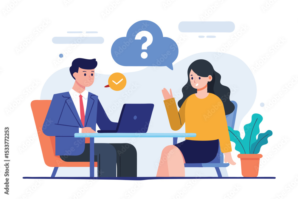 Business professionals discussing new ideas during a meeting with question mark illustration. Business professionals discussing new ideas during a meeting with question mark illustration.
