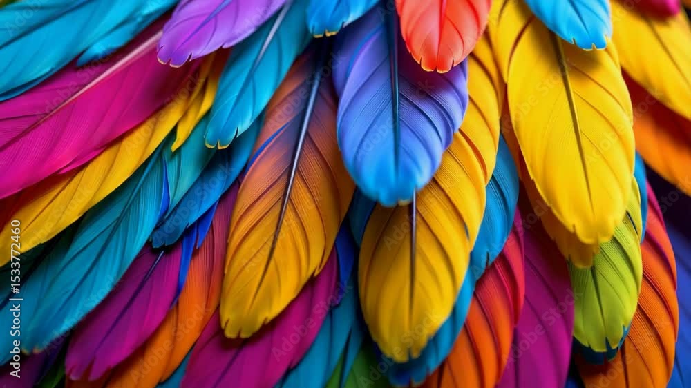 A vibrant collection of multicolored feathers closely arranged, showcasing texture and brilliant hues. A vibrant collection of multicolored feathers closely arranged, showcasing texture and brilliant hues.
