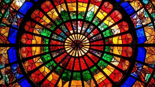 Circular stained glass window design featuring red, blue, green, and yellow panes and symmetrical patterns.