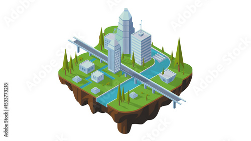 Isometric view of a cartoon city on a floating island with buildings and a bridge over a river
