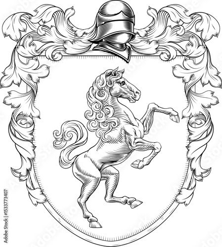 A horse coat of arms or crest family heraldry medieval heraldic knight shield with helmet and acanthus filigree scroll ornament in a vintage woodcut style.