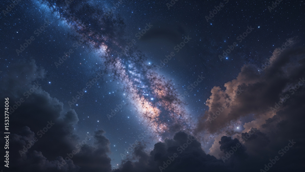Obraz premium Majestic view of the milky way galaxy showcasing stellar formations above fluffy clouds.