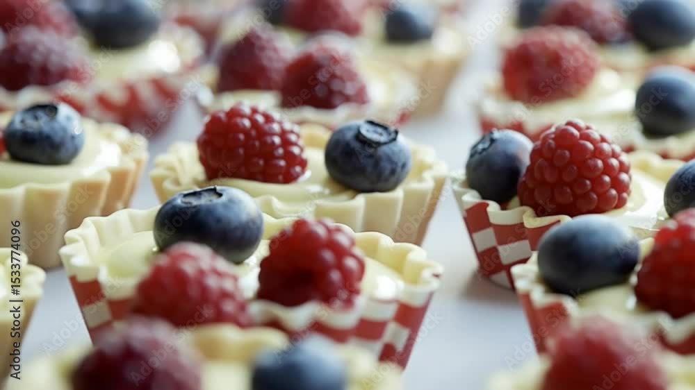 Mini Berry Tarts in Red and White Cups with Creamy Filling for Festive Dessert Displays Mini Berry Tarts in Red and White Cups with Creamy Filling for Festive Dessert Displays