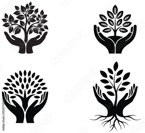 Set of black eco tree icons with hands holding plants, symbolizing growth, care, environment and sustainability