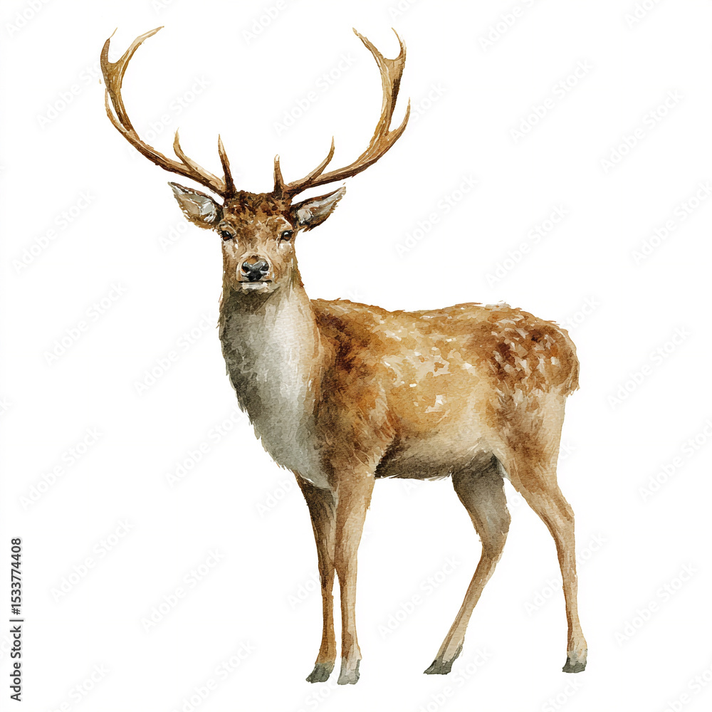 Fototapeta premium A solitary watercolor brave forest deer with an antler crown