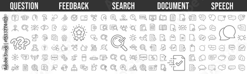 Feedback, question mark, research, documents, speech bubble. Editable stroke. Big line icon set