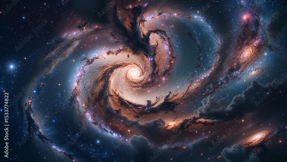 Mesmerizing spiral galaxy with bright stars and nebula in deep space background Mesmerizing spiral galaxy with bright stars and nebula in deep space background