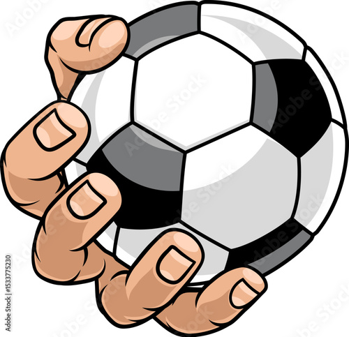 A mascot person hand or fist holding a soccer football ball