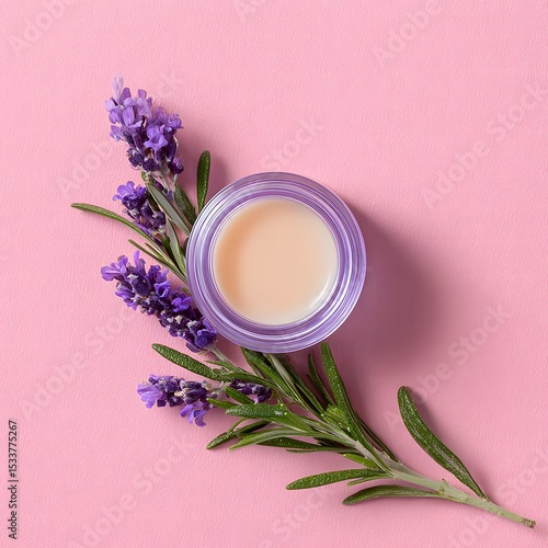 Lavender cream in a jar on a pink background, natural skincare product, spa and beauty concept, Generative Ai
