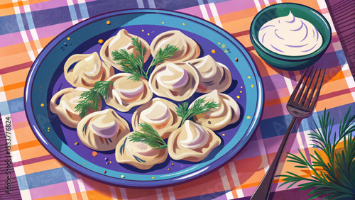 Russian pelmeni dumplings served with sour cream and fresh dill traditional Slavic cuisine comfort food, perfect for cold weather meals