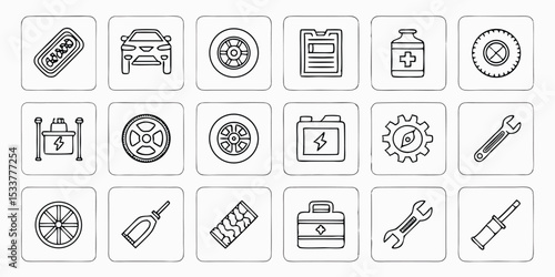 Black And White Line Icons Of Car Maintenance Tools And Parts