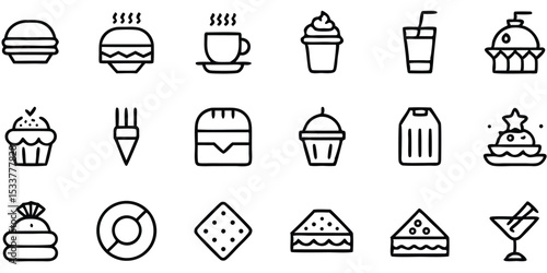Black Line Icons of Various Desserts and Drinks