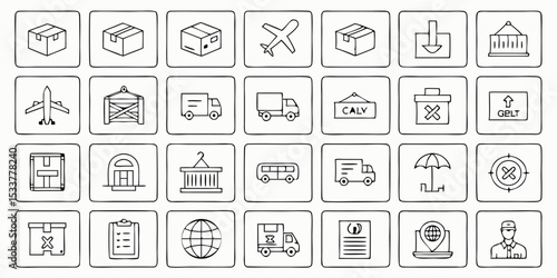 Set of delivery and logistics icons outlined for warehousing and transportation services