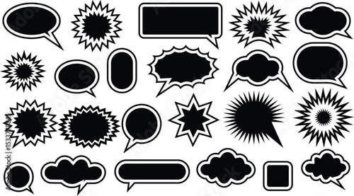 Collection of black speech bubbles and comic explosions ready for communication and design