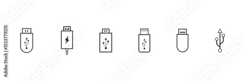  USB icon set, Usb flash drive symbol. Universal USB sign png and vector illustration on white background. Usb stick icon simple vector symbol.