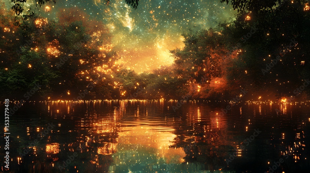 Naklejka premium Mirror-like lake reflecting a fantastical twin realm glowing stars above and glowing lights beneath the water surreal magical landscape
