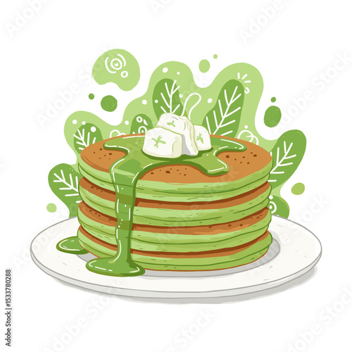 Green pancakes stacked with melting syrup and decorative leaves  