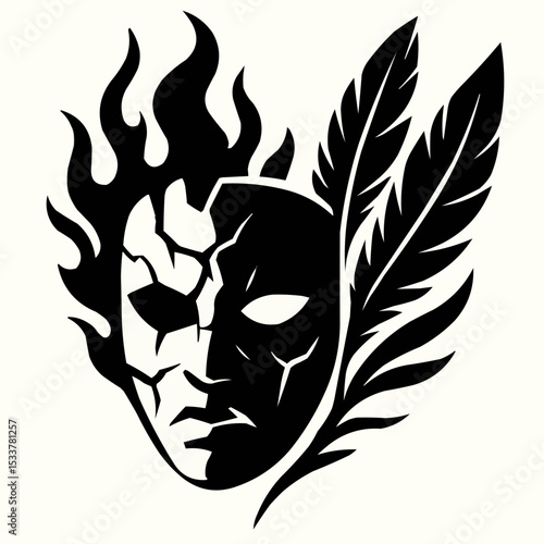 A striking black and white tribal mask tattoo design with fiery elements and wild animalistic symbols