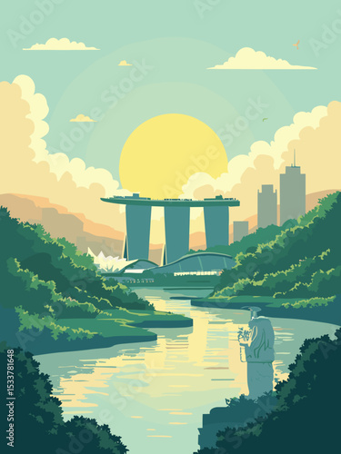 Singapore — Marina Bay Sands, Merlion, Gardens by the Bay in jungle green, sunset gold, sky blue, and white