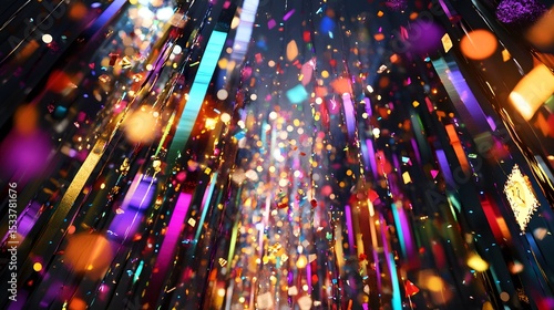Artistic Festival Decoration Scene Featuring Ornate, Radiant Streamers, Shimmering Confetti and Imaginative Party Cards for a Dynamic Celebration