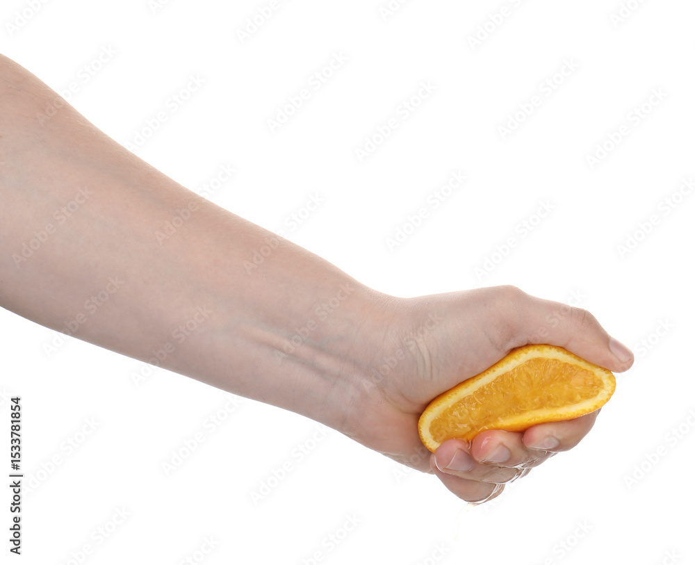Woman squeezing orange on white background, closeup Woman squeezing orange on white background, closeup